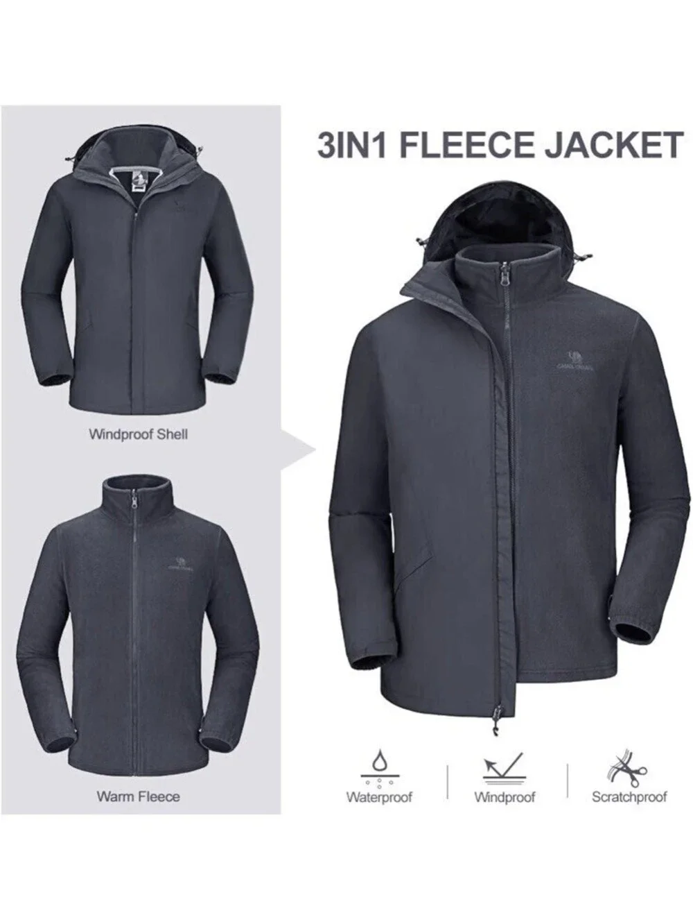 CAMEL CROWN Men’s Mountain Snow Waterproof Ski Jacket Detachable Hood Size S